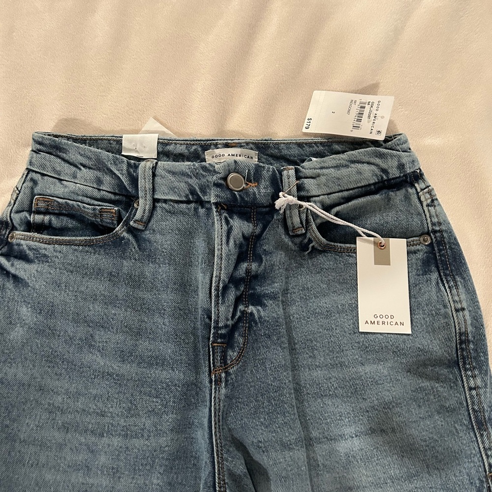 Good American Blue Flare Jeans with Contrast Stitching